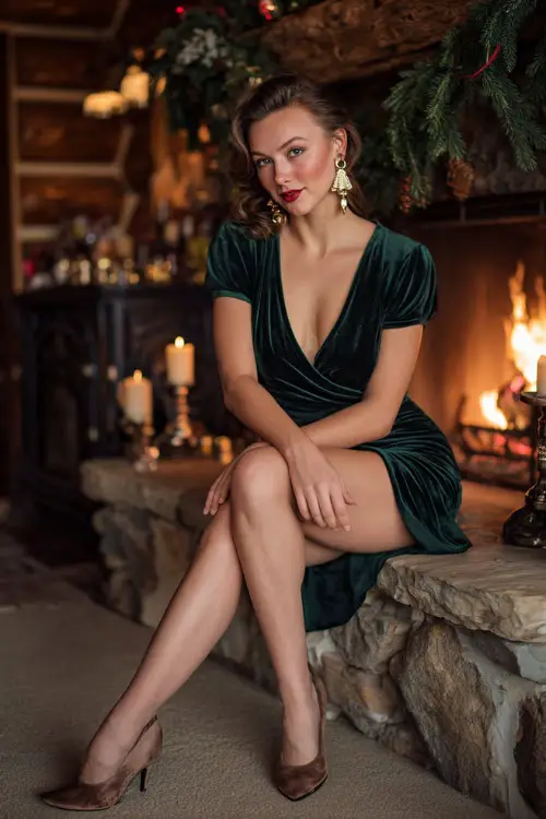 A woman in a forest-green velvet wrap dress with gold earrings and heels, posing beside a festive holiday fireplace with garlands and candles