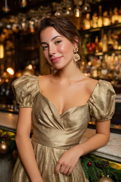 A woman in a gold metallic midi dress with a fitted waist and dramatic earrings, posing by a stylish holiday bar decorated with ornaments and greenery