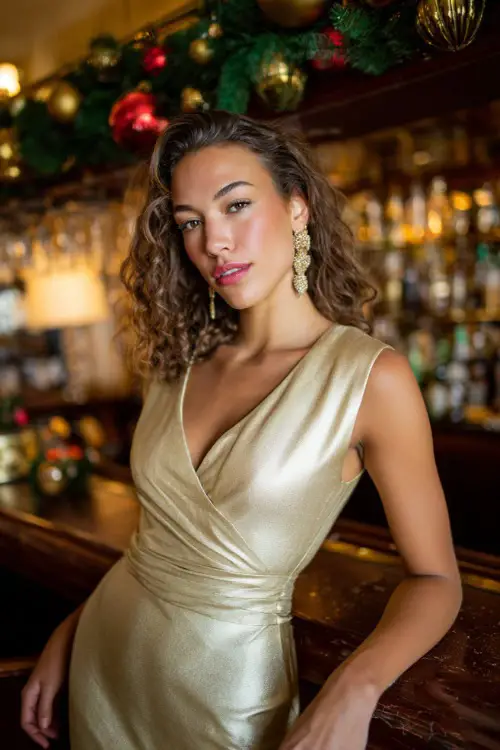 A woman in a gold metallic midi dress with a fitted waist and dramatic earrings, posing by a stylish holiday bar decorated with ornaments and greenery