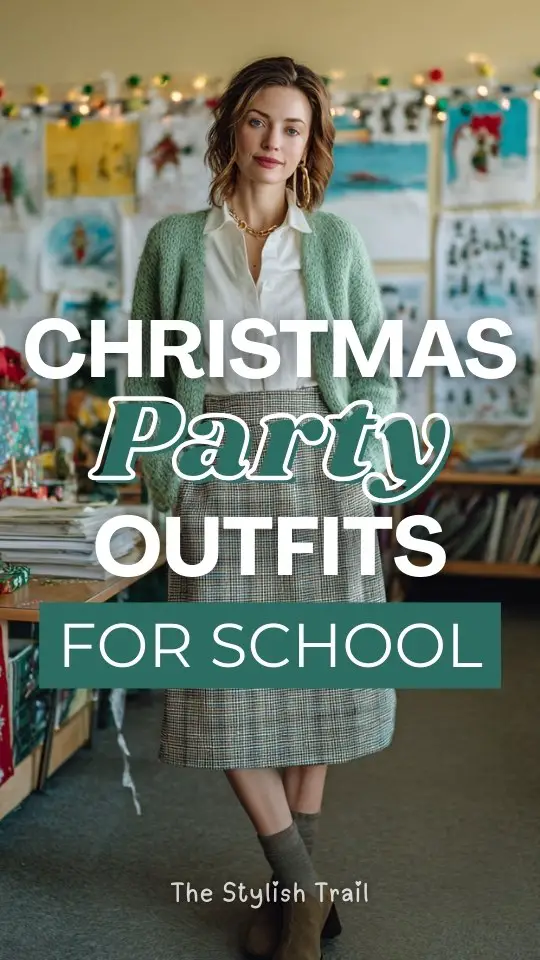 A woman in a green cardigan over a white blouse paired with a plaid midi skirt and flat boots outfit for a Christmas party at school