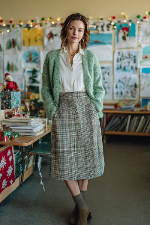 A woman in a green cardigan over a white blouse paired with a plaid midi skirt and flat boots, standing inside a cheerful classroom decorated with holiday artwork