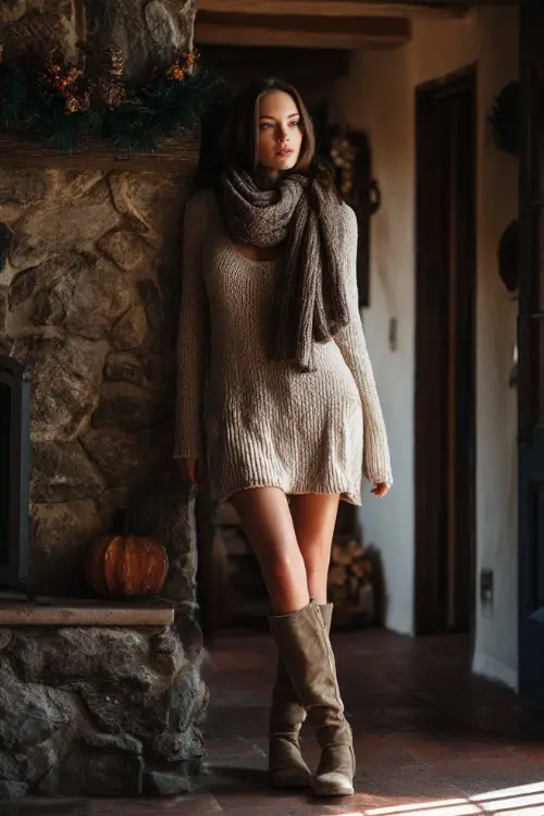A woman in a long knit sweater dress paired with flat boots and a wool scarf, standing near a fireplace decorated for Thanksgiving