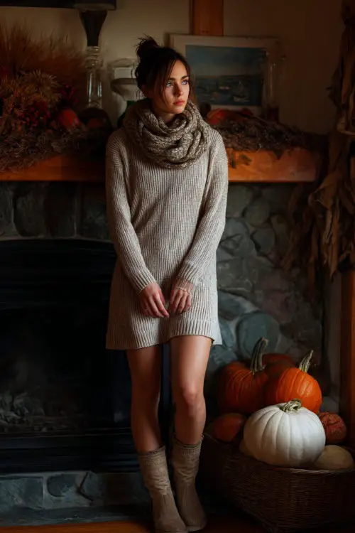 A woman in a long knit sweater dress paired with flat boots and a wool scarf, standing near a fireplace decorated for Thanksgiving