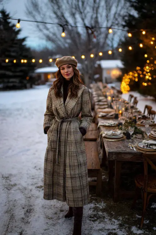 A woman in a long plaid coat with gloves, heeled boots, and a beret, standing beside a decorated Thanksgiving table under string lights in a snowy backyard 
