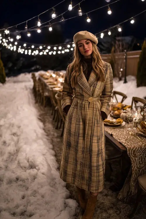 A woman in a long plaid coat with gloves, heeled boots, and a beret, standing beside a decorated Thanksgiving table under string lights in a snowy backyard 