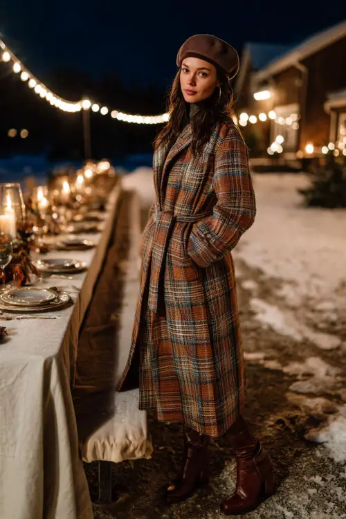 A woman in a long plaid coat with gloves, heeled boots, and a beret, standing beside a decorated Thanksgiving table under string lights in a snowy backyard