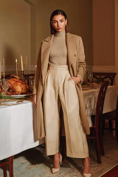 A woman in a monochrome tan outfit tailored coat, wide-leg trousers, and pointed heels standing by an elegant Thanksgiving dinner setup 