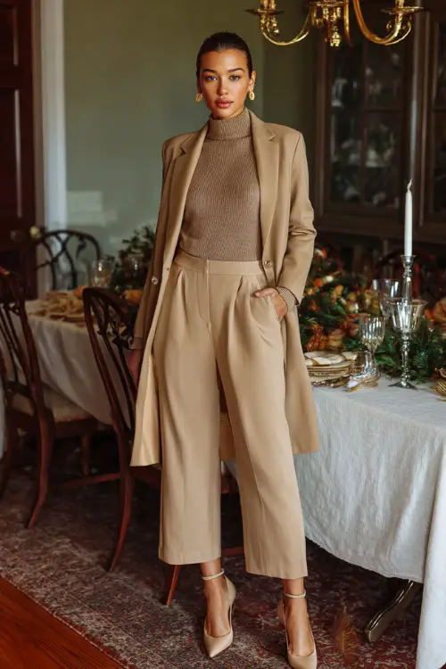 A woman in a monochrome tan outfit tailored coat, wide-leg trousers, and pointed heels standing by an elegant Thanksgiving dinner setup