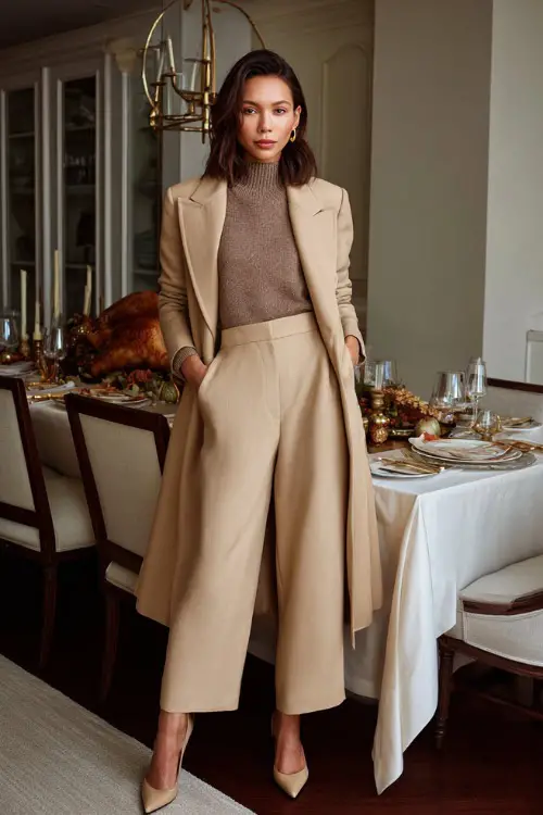A woman in a monochrome tan outfit tailored coat, wide-leg trousers, and pointed heels standing by an elegant Thanksgiving dinner setup