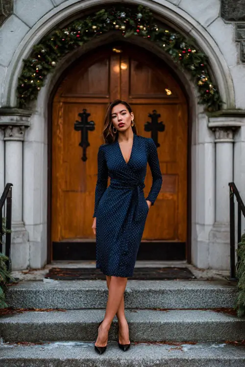 A woman in a navy long-sleeve wrap dress with modest accessories and closed-toe heels, standing near the church entrance decorated with holiday greenery