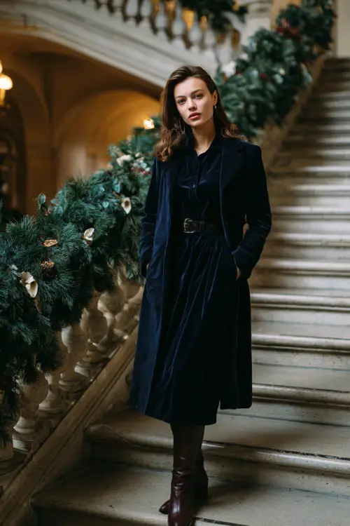 A woman in a navy velvet midi dress layered with a long tailored coat and heeled boots, standing near a grand staircase decorated with evergreen garlands 
