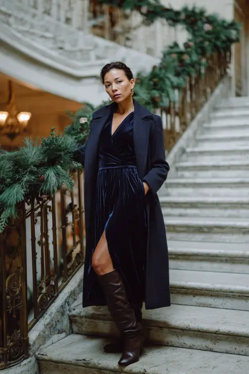 A woman in a navy velvet midi dress layered with a long tailored coat and heeled boots, standing near a grand staircase decorated with evergreen garlands