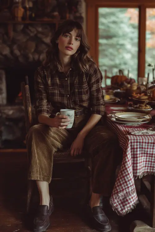 A woman in a plaid flannel shirt tucked into corduroy pants with loafers, holding a cup of coffee beside a rustic Thanksgiving dining table 
