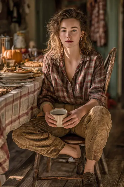 A woman in a plaid flannel shirt tucked into corduroy pants with loafers, holding a cup of coffee beside a rustic Thanksgiving dining table