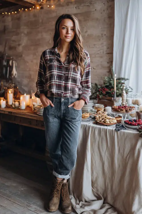 A woman in a plaid flannel shirt with relaxed denim and ankle boots, standing near a festive snack table decorated with candles and garlands