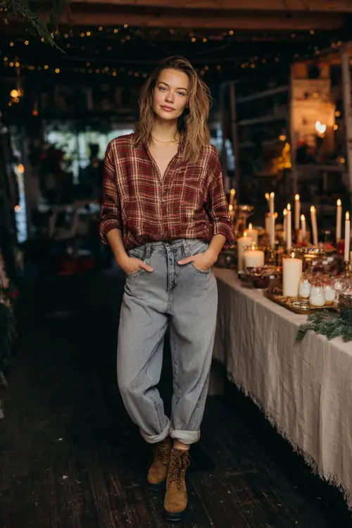 A woman in a plaid flannel shirt with relaxed denim and ankle boots, standing near a festive snack table decorated with candles and garlands