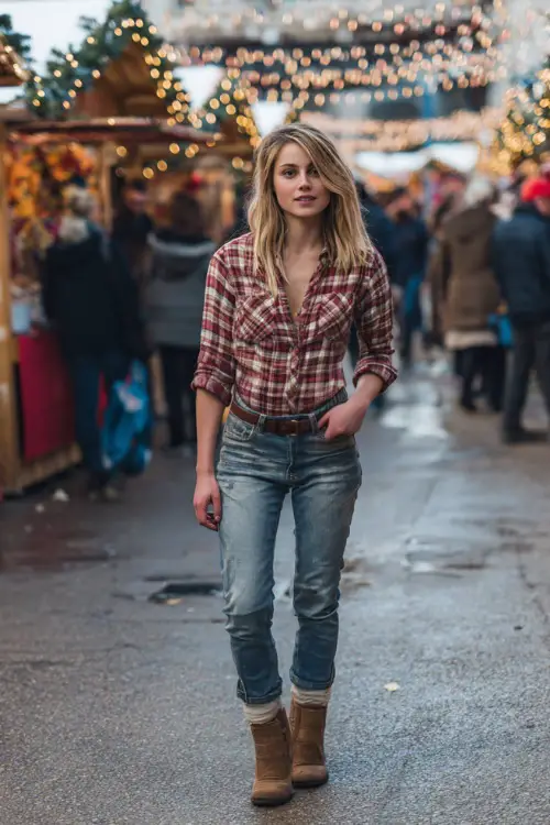 A woman in a plaid flannel shirt with straight-leg denim and brown ankle boots, shopping at a cheerful Christmas market with twinkling lights