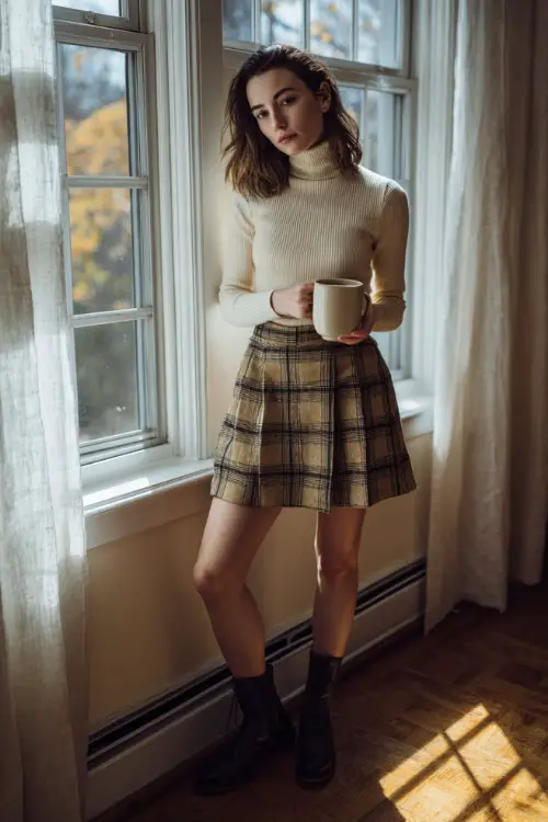 A woman in a plaid skirt, cream turtleneck, and black ankle boots, holding a mug of coffee by a window filled with fall light