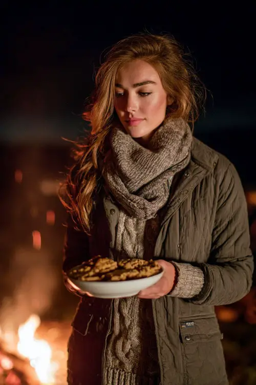 A woman in a quilted jacket, cable-knit sweater, and scarf, holding a plate of Thanksgiving cookies near an outdoor bonfire 