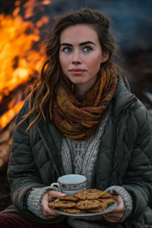 A woman in a quilted jacket, cable-knit sweater, and scarf, holding a plate of Thanksgiving cookies near an outdoor bonfire