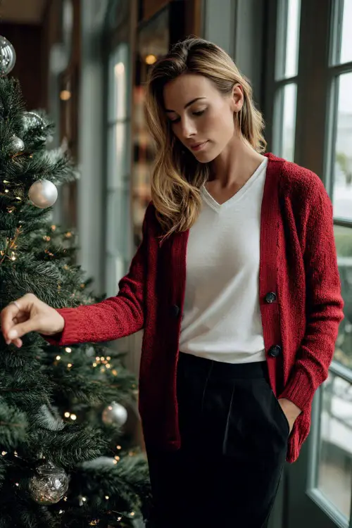 A woman in a red cardigan layered over a simple white tee with black trousers and loafers, decorating a Christmas tree near large windows with soft winter light