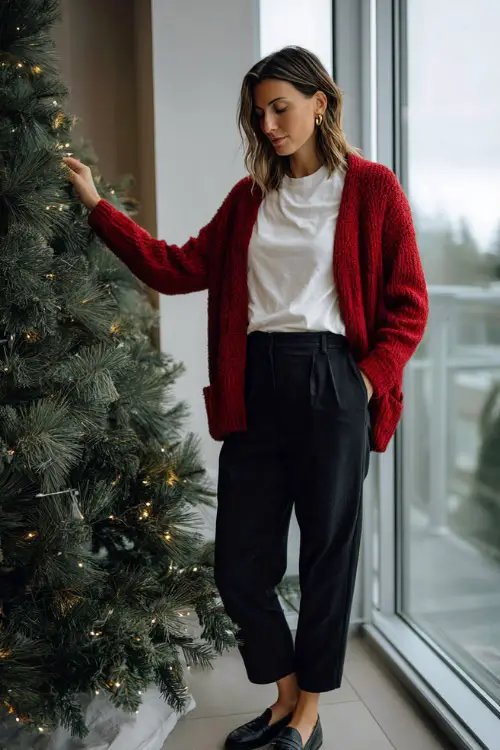 A woman in a red cardigan layered over a simple white tee with black trousers and loafers, decorating a Christmas tree near large windows with soft winter light