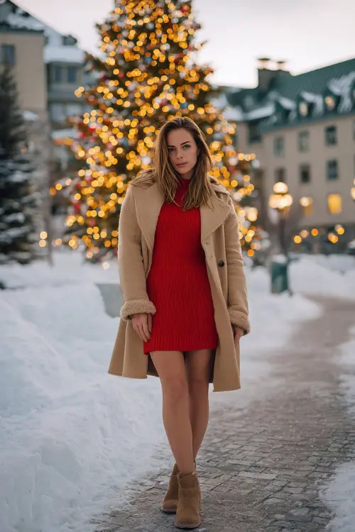 A woman in a red long-sleeve sweater dress layered with a camel coat and ankle boots, standing beside a beautifully lit outdoor Christmas tree in a snowy plaza 
