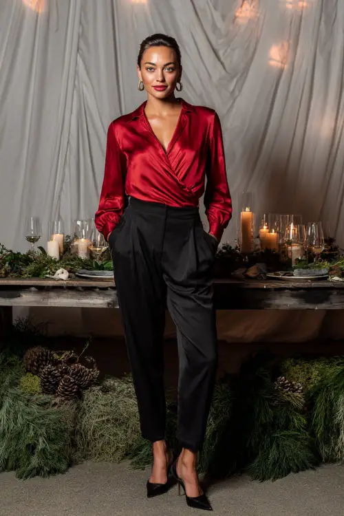A woman in a red satin blouse paired with tailored black trousers and pumps, standing near a holiday party table decorated with greenery and candles