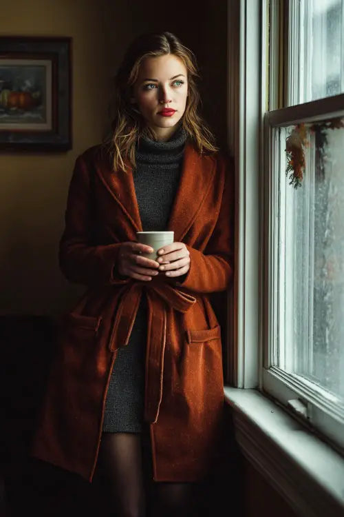 A woman in a rust-colored wool coat layered over a knit dress and tights, holding a mug of coffee by a frosted window decorated for Thanksgiving 