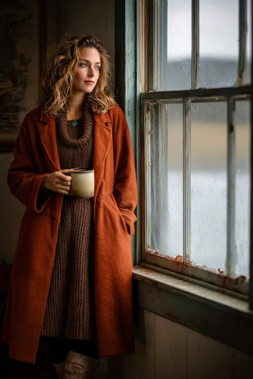 A woman in a rust-colored wool coat layered over a knit dress and tights, holding a mug of coffee by a frosted window decorated for Thanksgiving