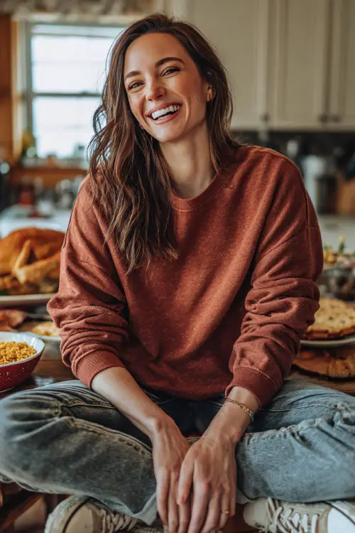 A woman in a rust sweatshirt paired with relaxed jeans and slip-on sneakers, laughing with family while preparing Thanksgiving dinner 
