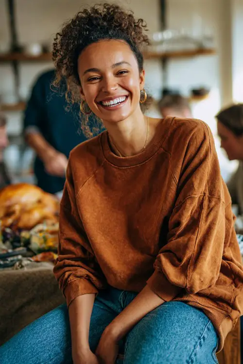 A woman in a rust sweatshirt paired with relaxed jeans and slip-on sneakers, laughing with family while preparing Thanksgiving dinner 