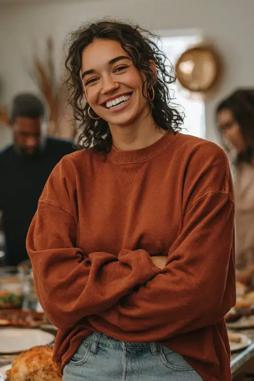 A woman in a rust sweatshirt paired with relaxed jeans and slip-on sneakers, laughing with family while preparing Thanksgiving dinner