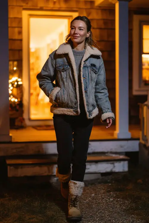 A woman in a sherpa-lined denim jacket with a turtleneck sweater, black jeans, and fur-lined boots, walking toward a warmly lit Thanksgiving gathering 