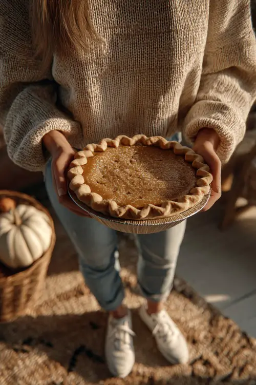 A woman in a simple beige sweater tucked into straight jeans and sneakers, holding a pumpkin pie while entering a family Thanksgiving gathering