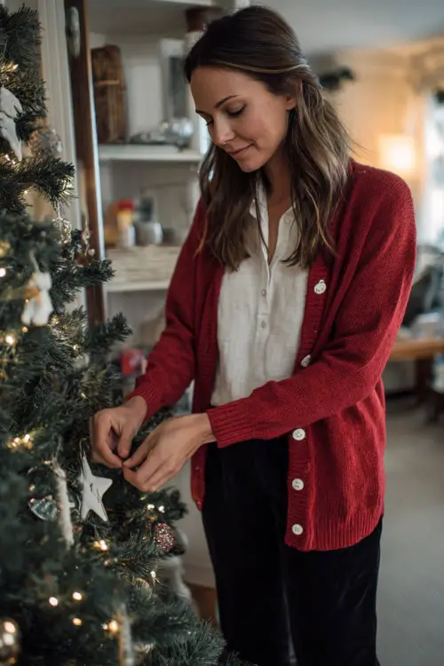A woman in a simple red cardigan over a white fitted top with black trousers and slip-on flats, decorating a Christmas tree with ornaments and soft lighting