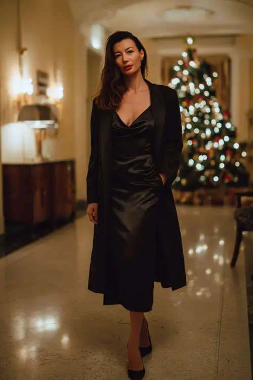 A woman in a sleek black satin midi dress with a long tailored coat and elegant heels, posing at a classy evening Christmas event with warm, inviting décor