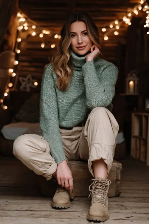A woman in a soft green sweater paired with beige trousers and warm boots, posing in a cozy rustic photoshoot set with wooden décor and glowing string lights