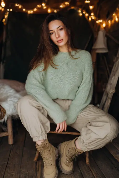 A woman in a soft green sweater paired with beige trousers and warm boots, posing in a cozy rustic photoshoot set with wooden décor and glowing string lights