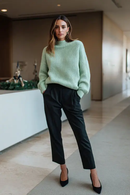 A woman in a soft green sweater paired with black tailored pants and pointed flats, standing in a minimalist office lobby with subtle Christmas décor 