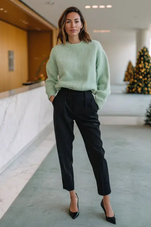 A woman in a soft green sweater paired with black tailored pants and pointed flats, standing in a minimalist office lobby with subtle Christmas décor 