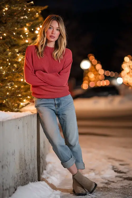 A woman in a soft red pullover paired with relaxed denim and flat boots, posing beside a snowy outdoor Christmas tree illuminated with warm lights
