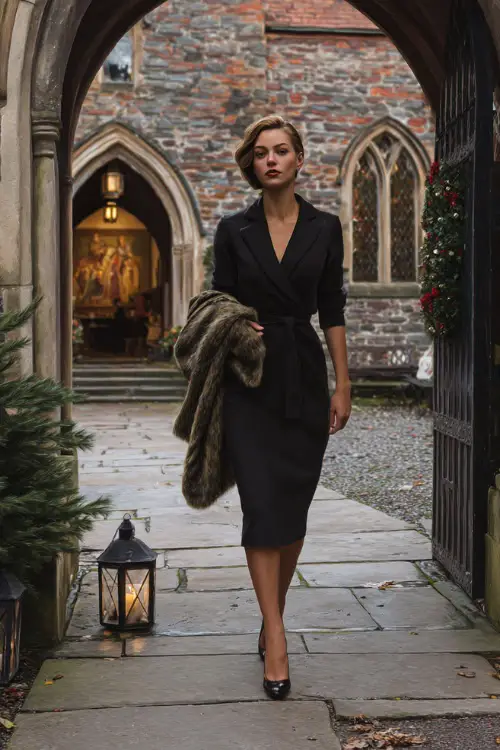 A woman in a tailored black dress with a wool shawl and elegant heels, walking through a church courtyard with Christmas lanterns and evergreens 