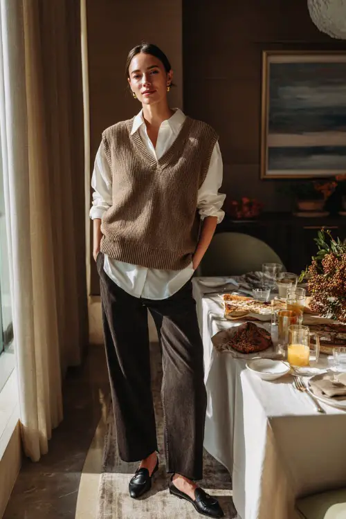 A woman in a taupe sweater vest layered over a white shirt, paired with wide-leg jeans and loafers, standing near a Thanksgiving brunch table 