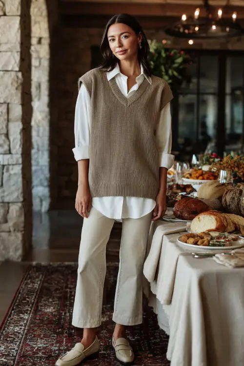 A woman in a taupe sweater vest layered over a white shirt, paired with wide-leg jeans and loafers, standing near a Thanksgiving brunch table 