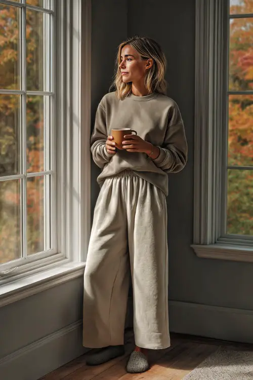 A woman in a taupe sweatshirt with wide-leg lounge pants and slippers, holding a mug of hot cider while standing near a window with fall leaves outside