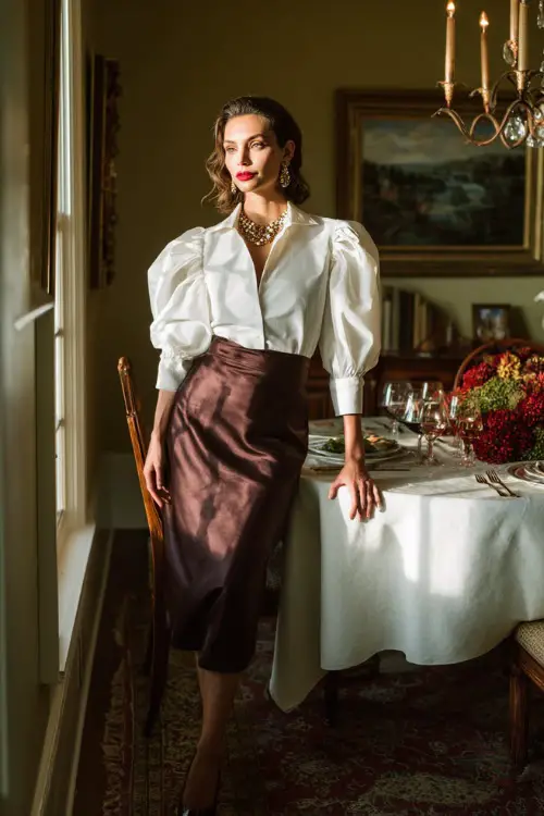 A woman in a white blouse with statement sleeves tucked into a satin midi skirt, wearing elegant jewelry and heels, standing near a softly lit dining room for Thanksgiving dinner