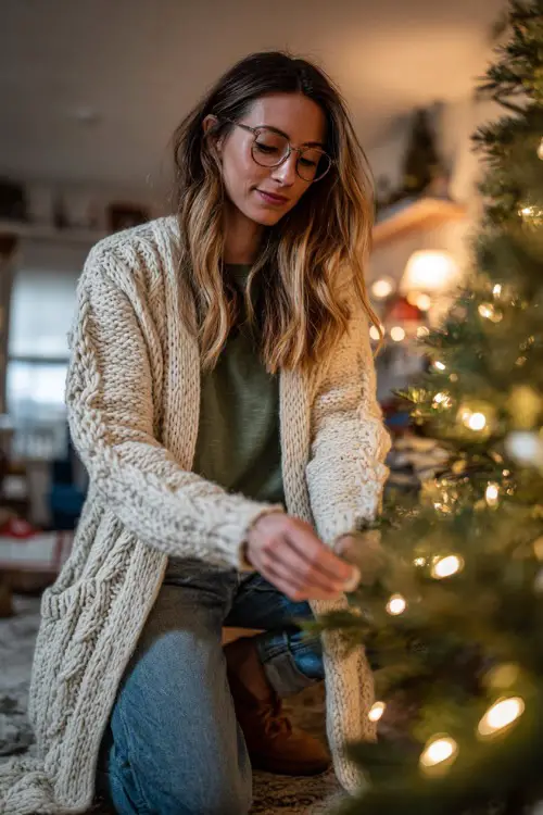 A woman in a winter-cream long cardigan over a soft green top with jeans and loafers, decorating a Christmas tree at home with warm lights 