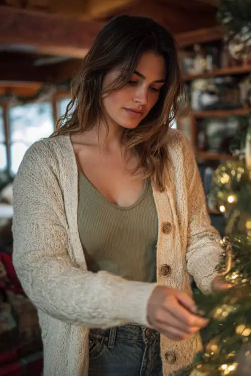 A woman in a winter-cream long cardigan over a soft green top with jeans and loafers, decorating a Christmas tree at home with warm lights