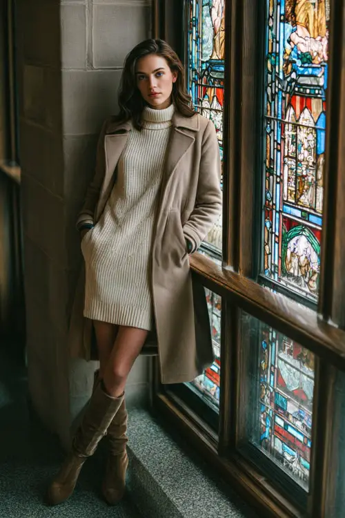 A woman in a winter-cream sweater dress layered with a camel coat and heeled boots, posing near stained-glass windows illuminated by soft holiday light